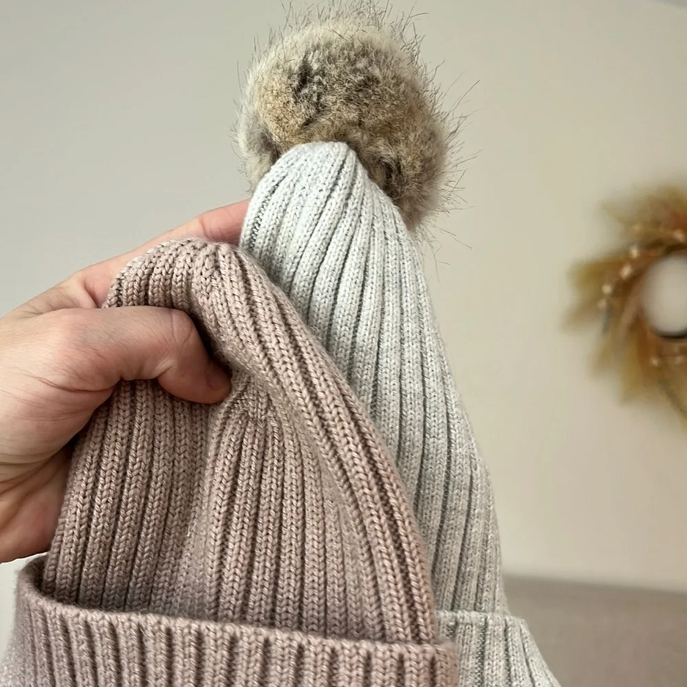 H&M Baby 9-12m Knit Hat Beanie Bundle | 100% Wool + Cotton Blend Pom